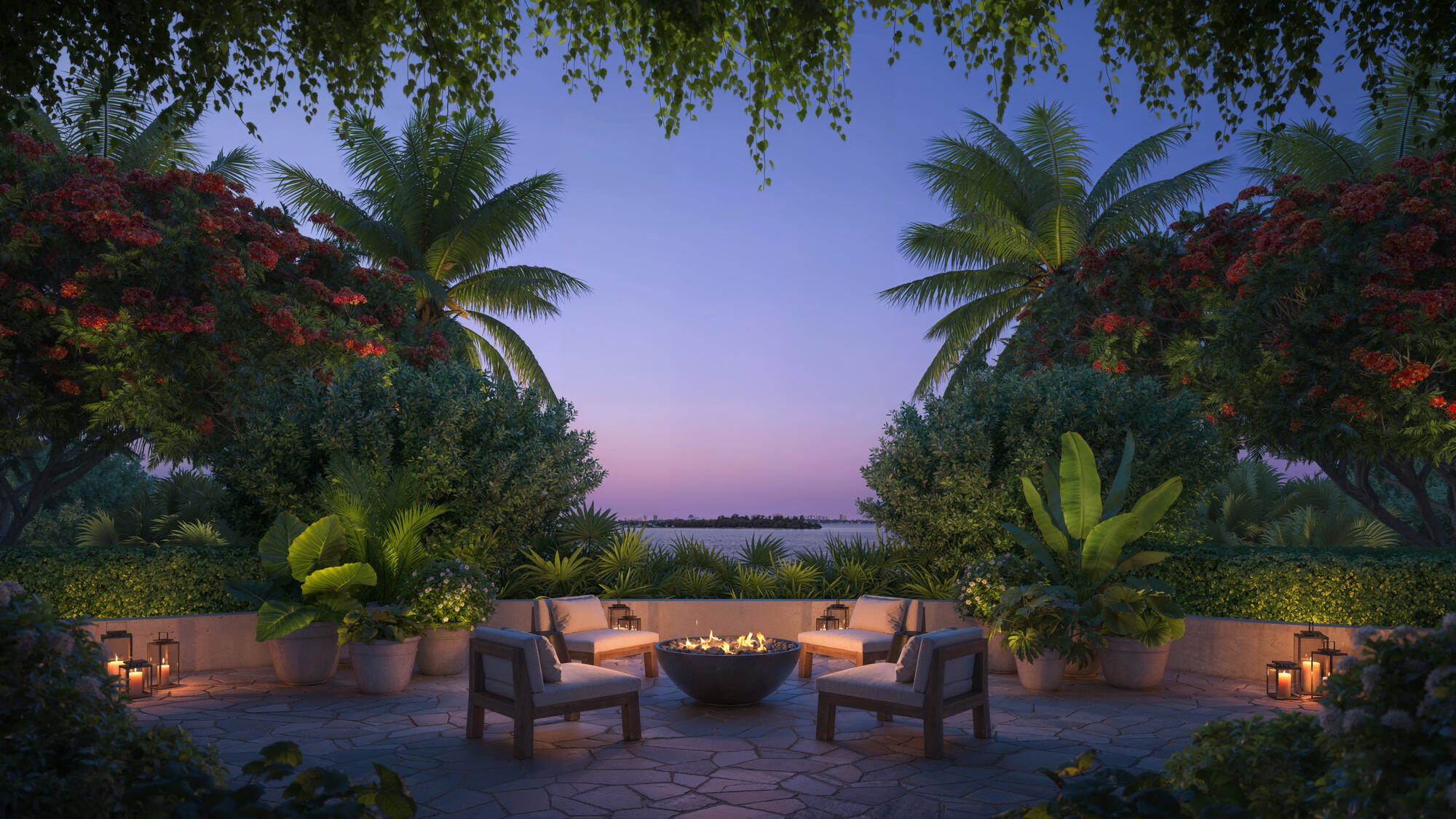 Garden terrace at dusk